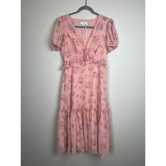 LoveShackFancy Target Fleur Pink Peach Roses Tiered Dress Short Sleeve Ruffles 8 - Picture 1 of 10